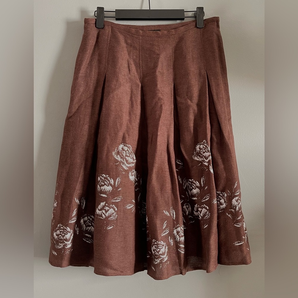 Jones New York Knee Length Skirt size 4 Petite LINEN Blend Brown Pleated Floral